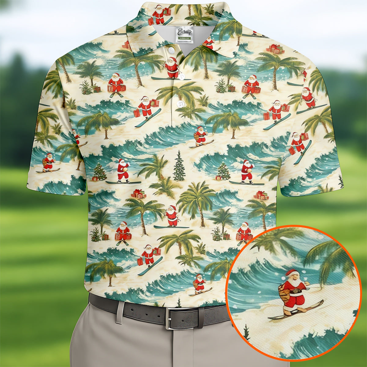 Christmas Santa Surfing Tropical Hawaiian Golf Shirt, Golf Shirts For Men, Printed Golf Shirts