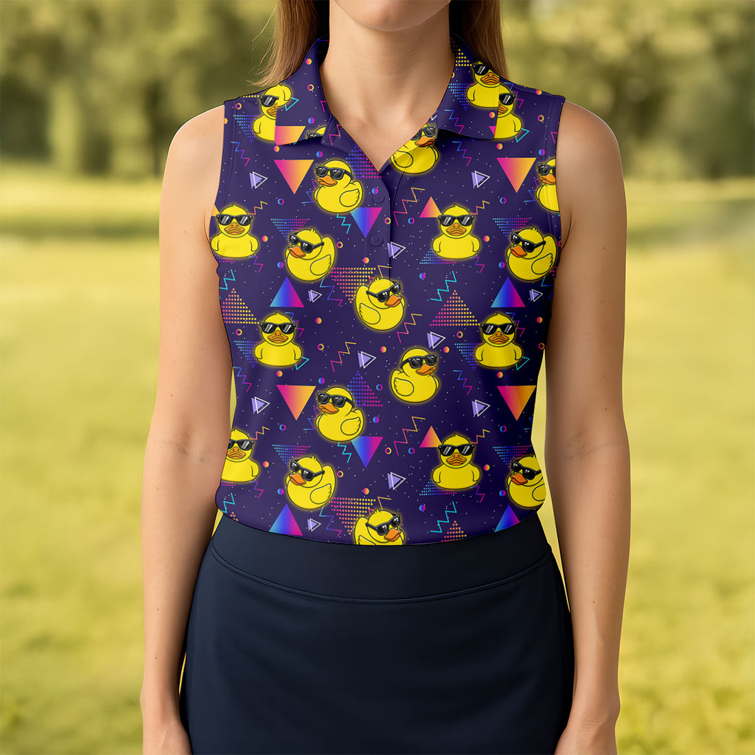 Funny Rubber Duck Retro Pattern Hawaiian Golf Shirt, Women's Golf Tops, Ladies Golf Shirts