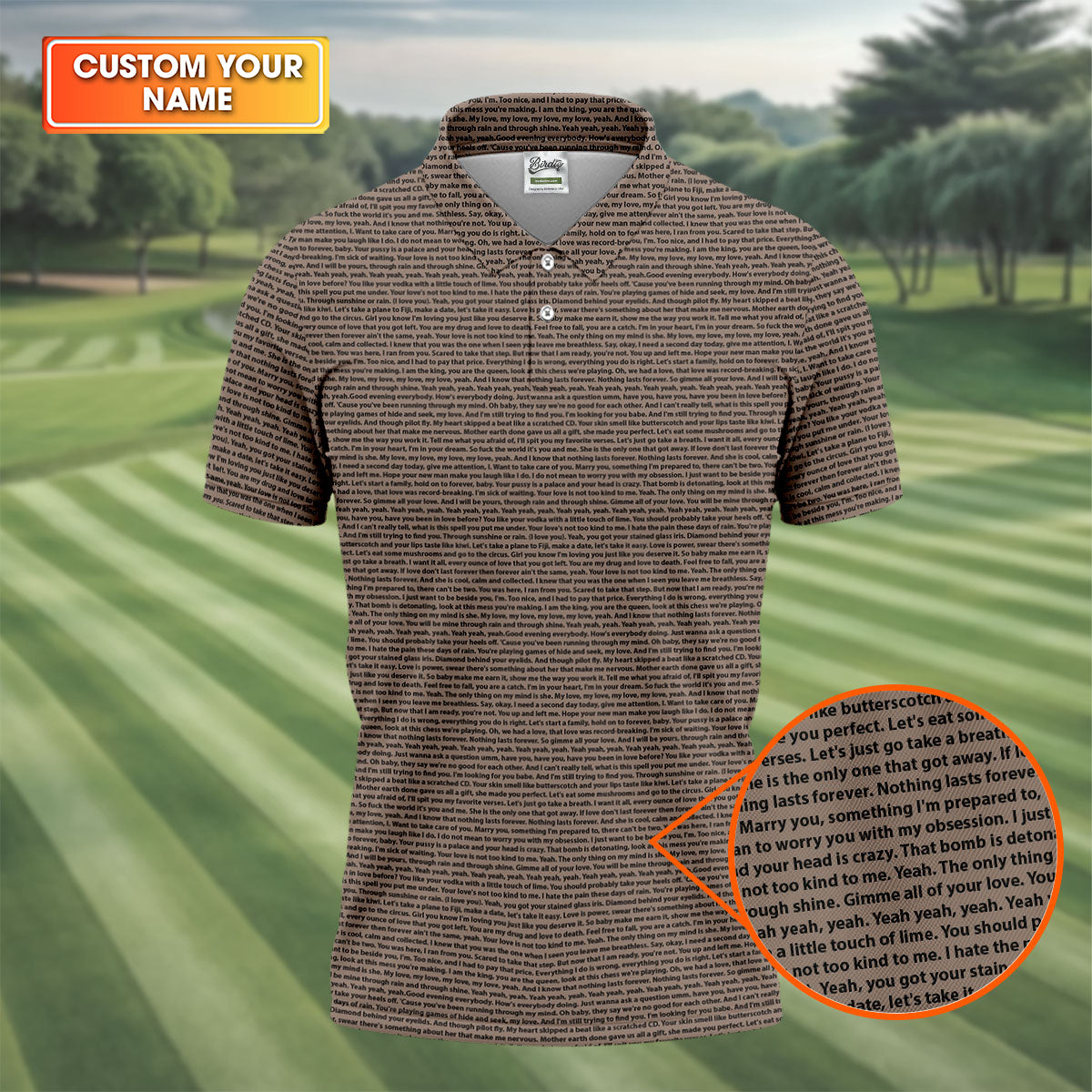 Cream Text Pattern Golf Polo Shirt, Golf Shirts For Men, Printed Golf Shirts