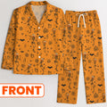 Skeleton Pumpkin Funny Orange Long Sleeve Pajama Set, Fun Pajama Sets, Halloween Gift