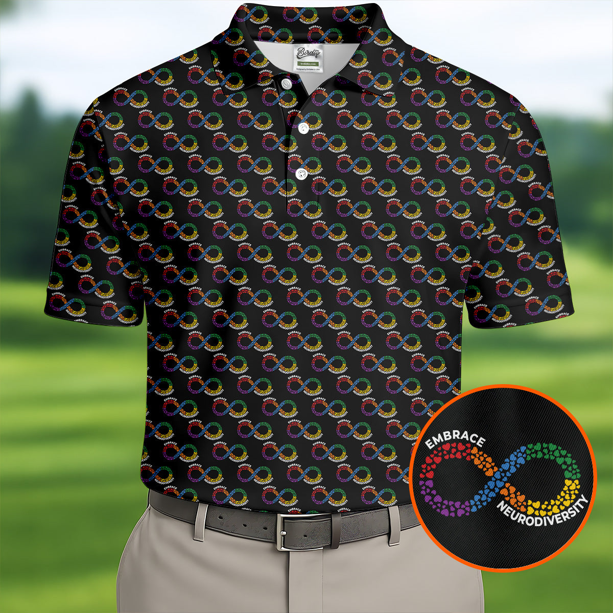 Embrace Neurodiversity Rainbow Infinity Symbol Autism Awareness Black Golf Shirt, Golf Shirts For Men