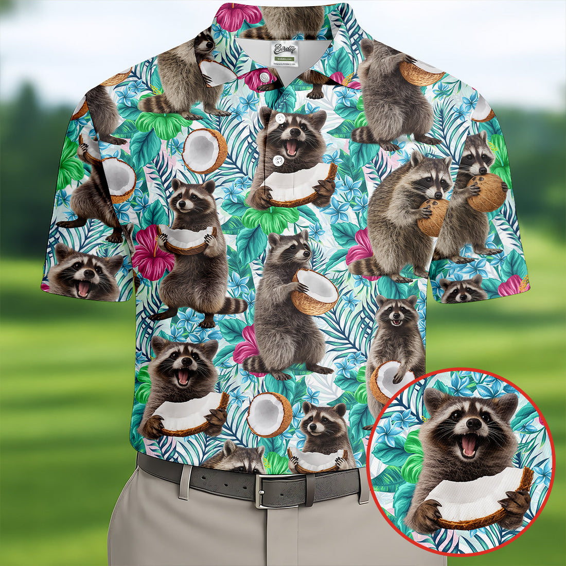 Funny Raccoons Enjoying Coconuts Design Design Hawaiian Golf Polo, Golf Tops For Men, Golfing Apparel