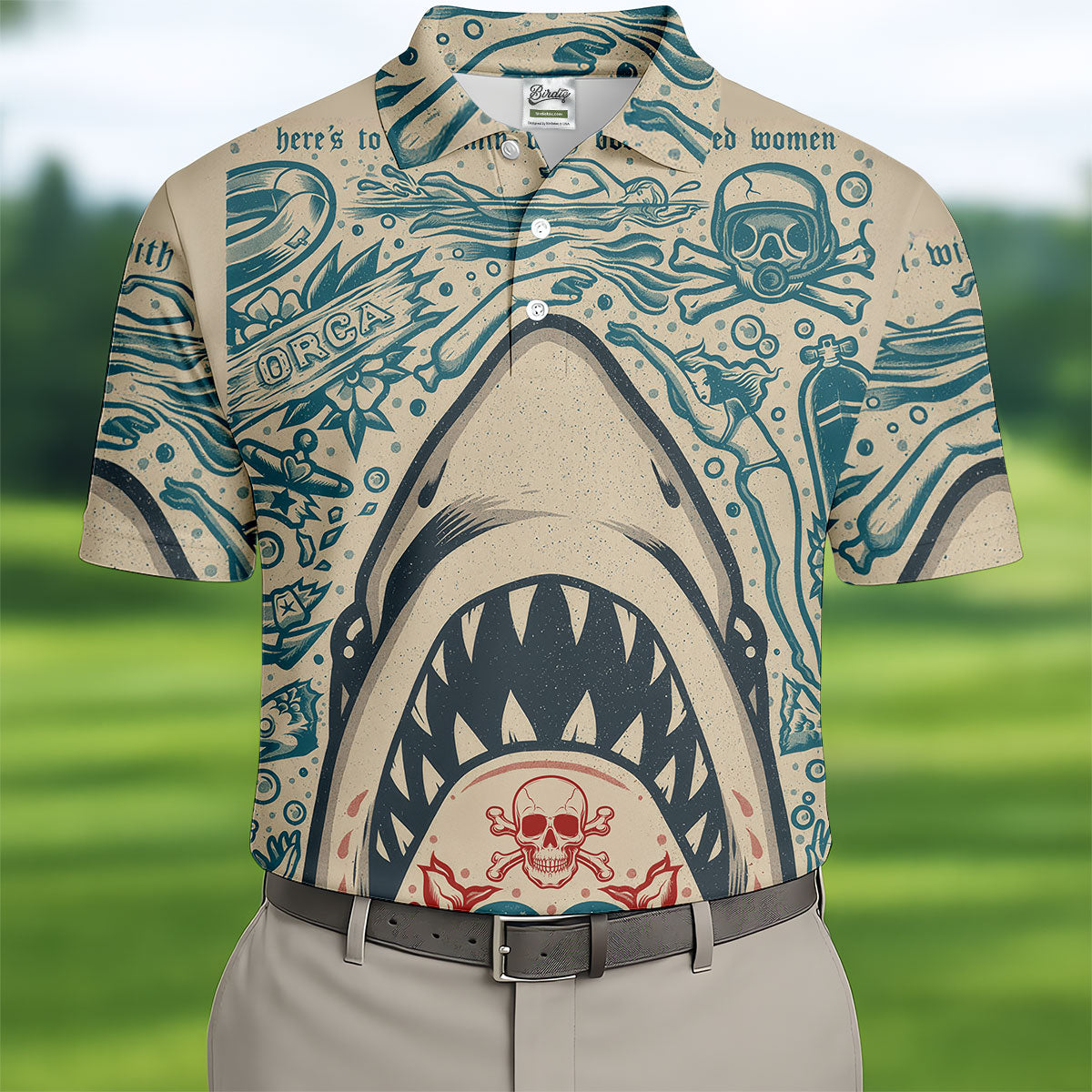 Vintage Shark Jaw Tattoo Art Golf Polo Shirt, Golf Shirts For Men, Printed Golf Shirts
