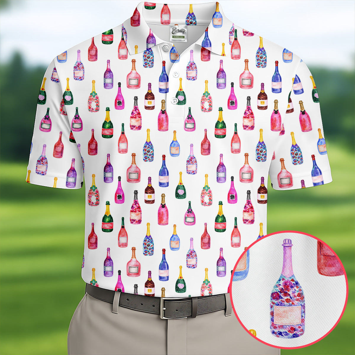 Champagne Bottles Seamless Pattern Watercolor Style Retro Golf Shirt, Polo Shirts For Men, Golf Shirts For Men