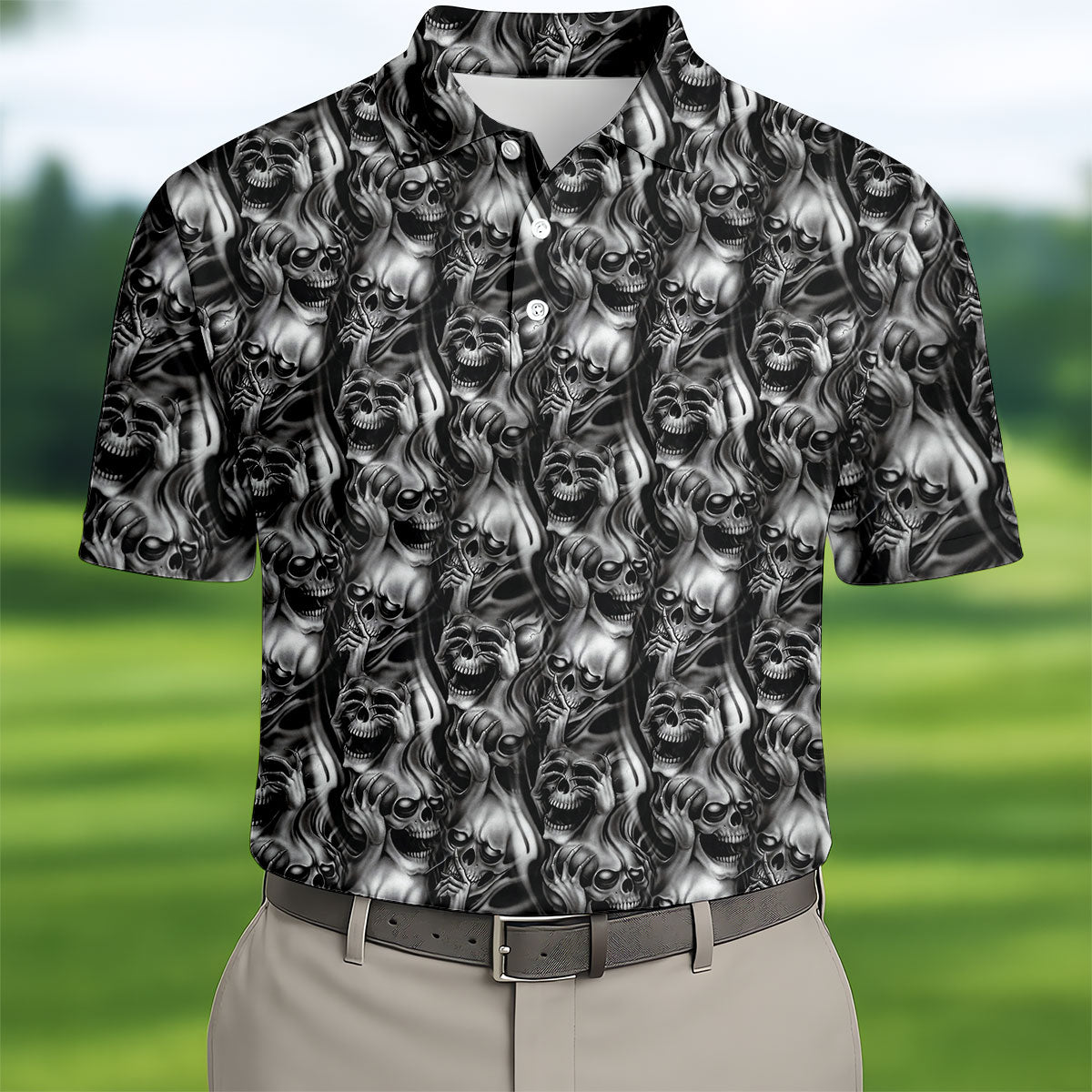 Dark Grim Reaper Skull Pattern Golf Polo Shirt, Mens Golf Polo, Golf Apparel For Men