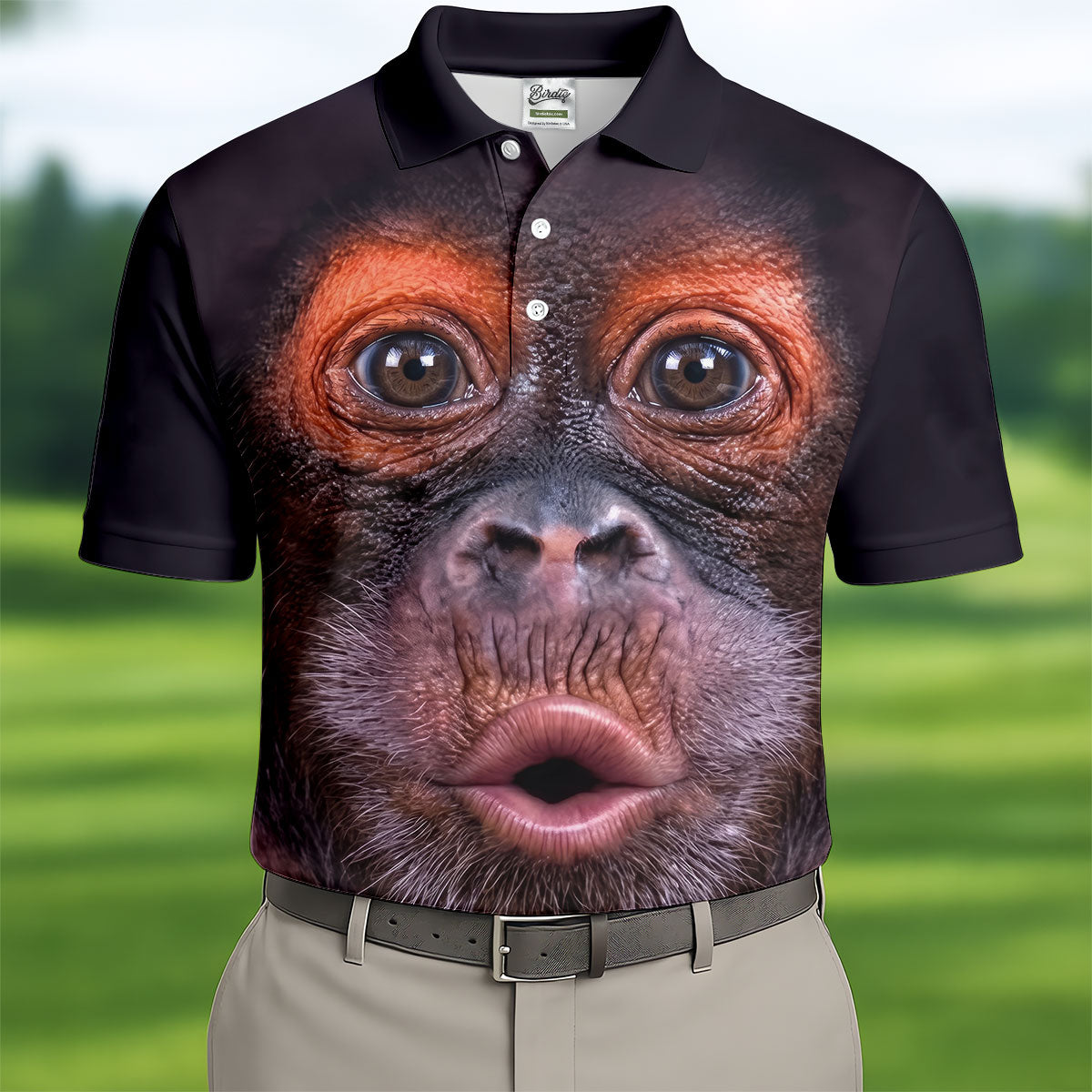 Funny Monkey Face Closeup Print Hawaiian Golf Polo, Golf Tops For Men, Golfing Apparel