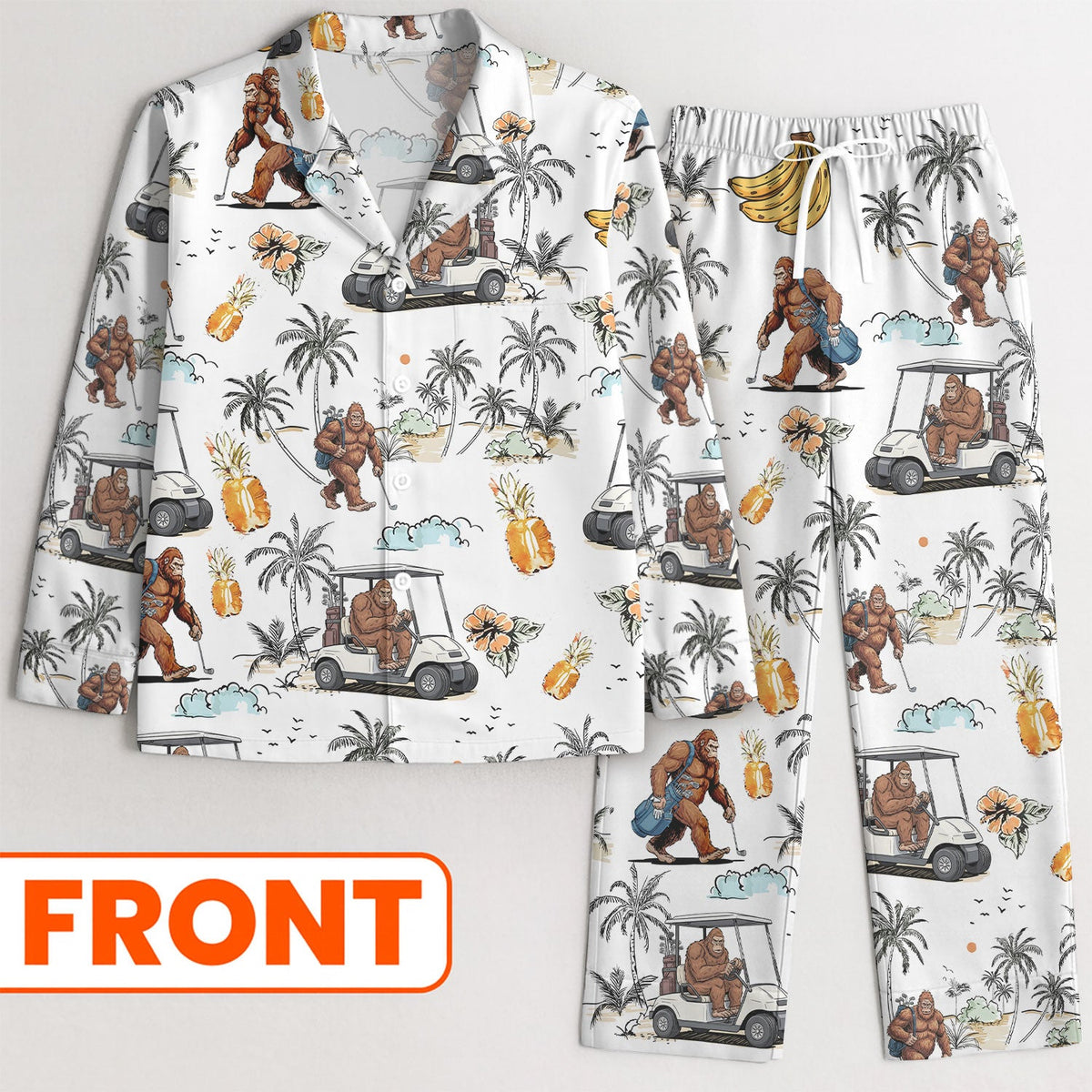 Funny Bigfoot Tropical Pajama, White Satin Pajama, Long Sleeve Pajama Set, Fun Pajama Sets