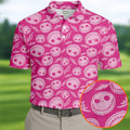 Pink Stitched Skull Halloween Golf Polo Shirt, Golf Shirts For Men, Mens Golf Apparel
