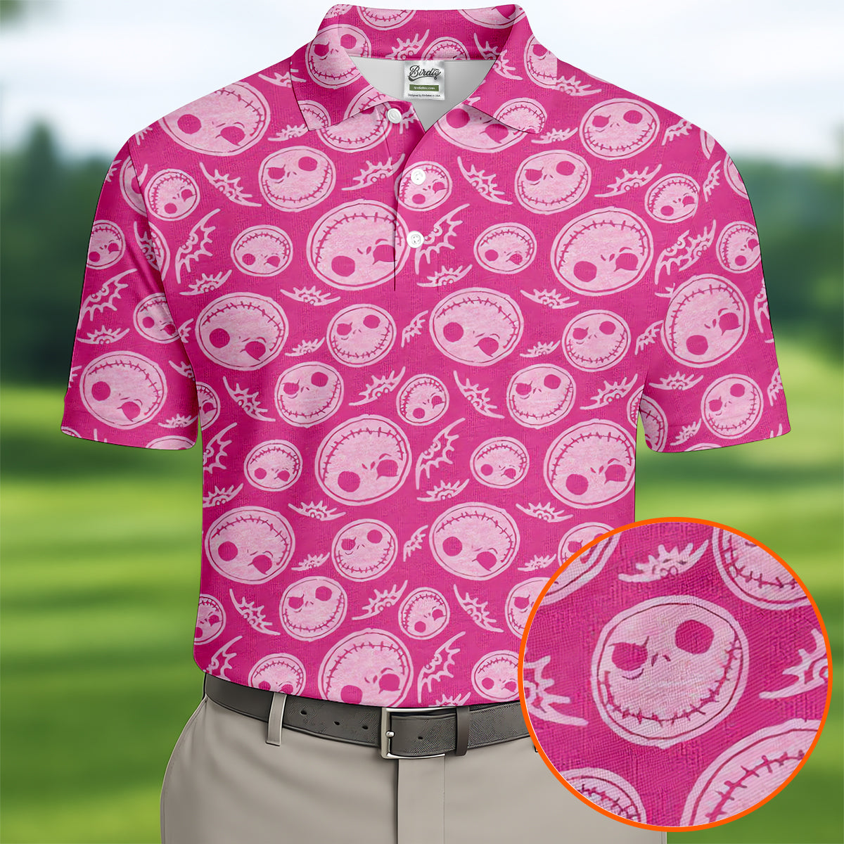 Pink Stitched Skull Halloween Golf Polo Shirt, Golf Shirts For Men, Mens Golf Apparel