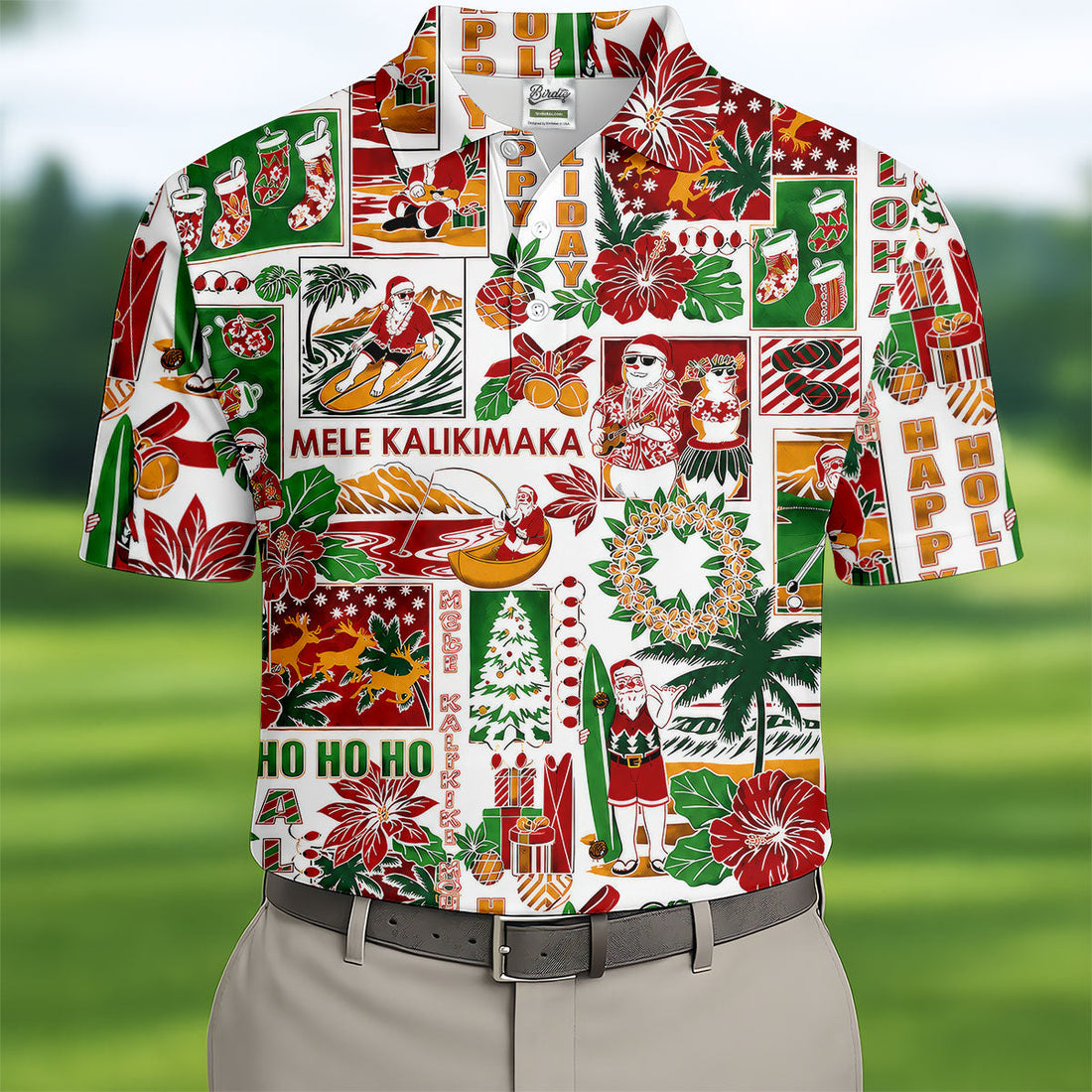Men's Mele Kalikimaka Hawaiian Christmas Golf Shirt, Tropical Santa Holiday Golf Shirt, Golf Apparel For Men
