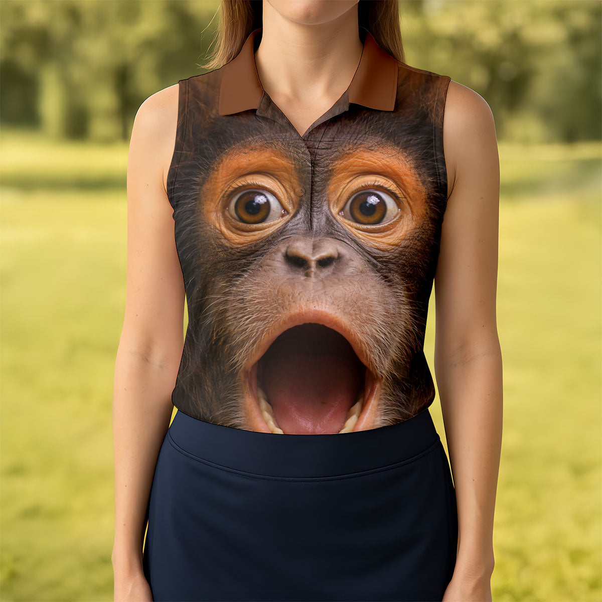 Funny Monkey Face Scream Print Hawaiian Golf Polo, Golf Tops For Women, Golfing Apparel