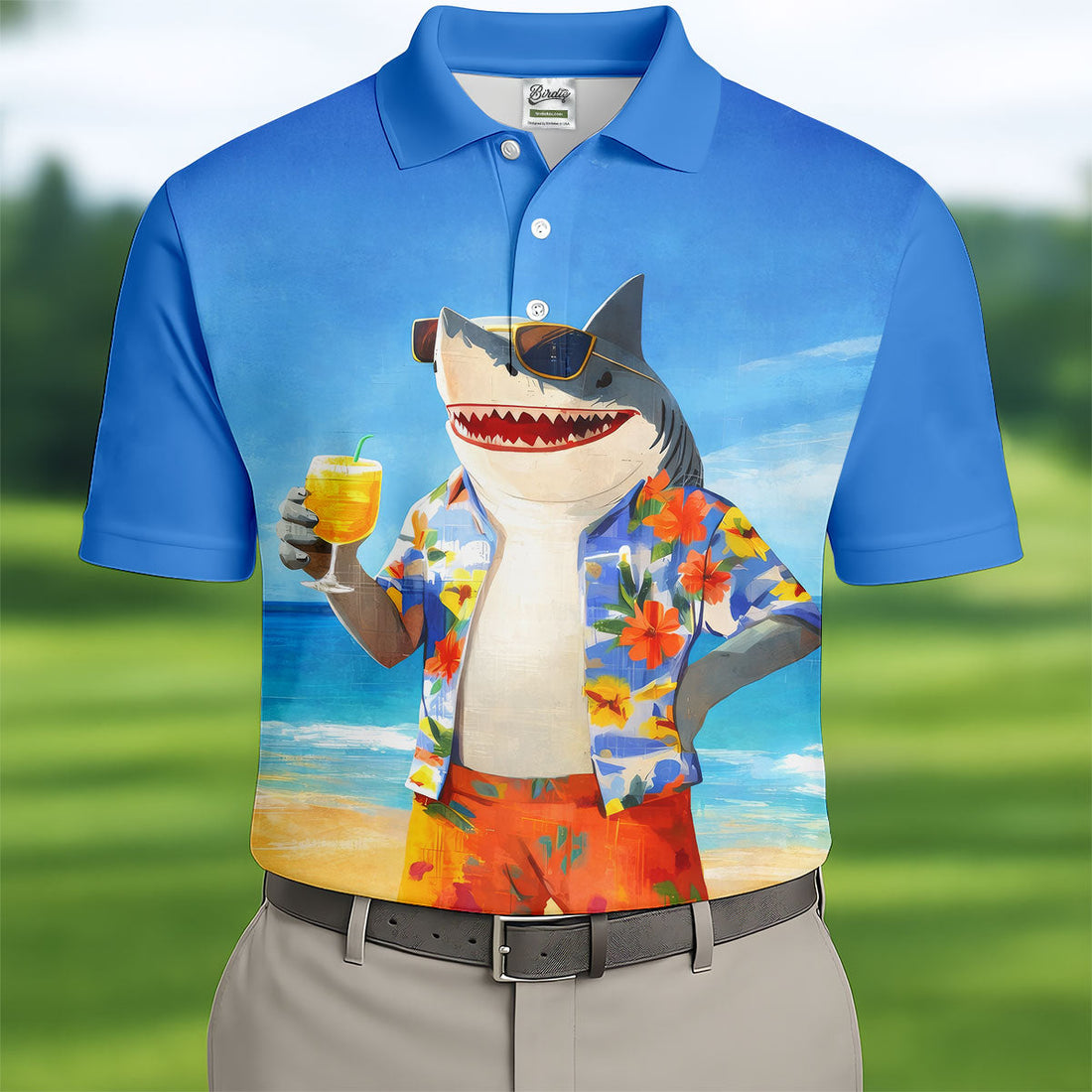 Funny Shark On Tropical Beach Vacation Golf Polo Shirt, Golf Shirts For Men, Hawaiian Golf Shirt