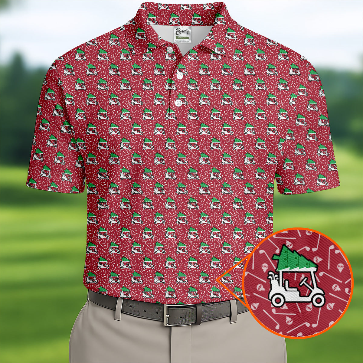 Christmas Golf Cart Pattern Red Men's Golf Tops, Christmas Golf Shirt, Polo Shirts For Men
