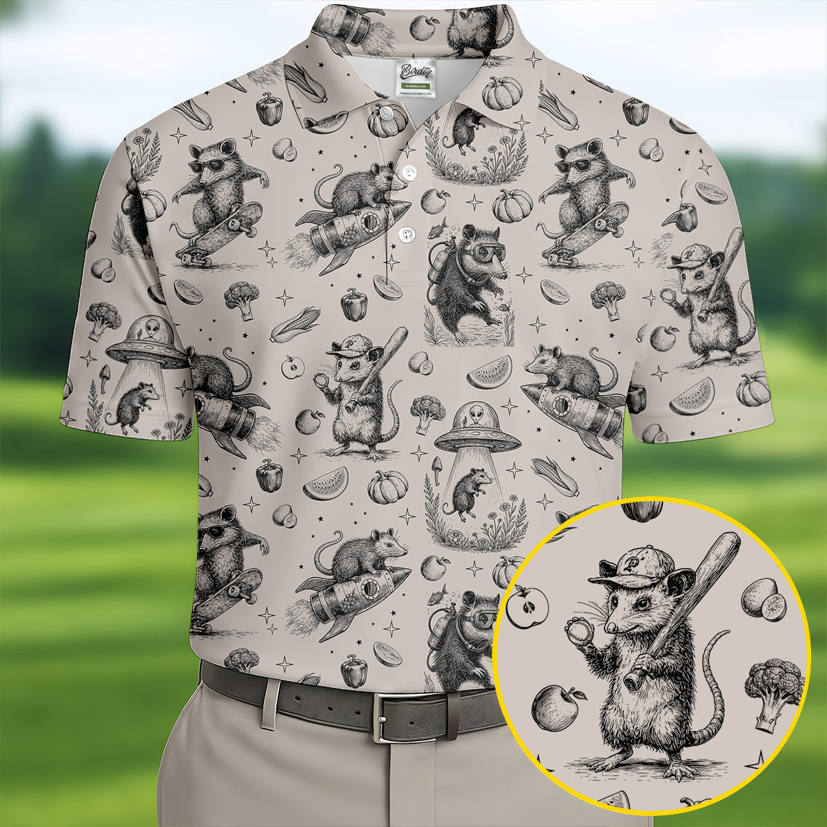 Mice and UFOs in a Fantasy Woodland Pattern Hawaiian Golf Polo, Golf Tops For Men, Golfing Apparel