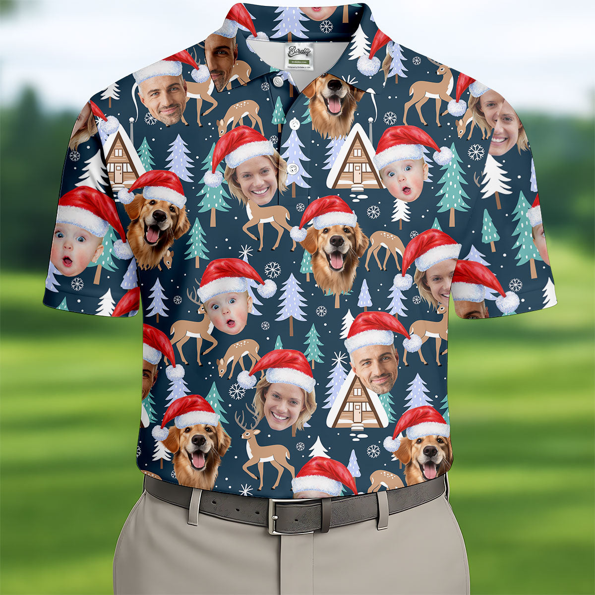 Custom Face Pine Tree Reindeer Dark Teal Green Christmas Golf Shirt, Golf Shirts For Men, Golf Gift For Men