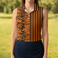 Orange Tiger Stripe Split Pattern Golf Shirt, Women's Golf Tops, Ladies Golf Shirts, Printed Golf Shirt