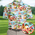 Surfing Santa Tropical Christmas Golf Shirt, Beach Reindeer Holiday Polo, Hawaiian Golf Shirt, Printed Golf Shirts