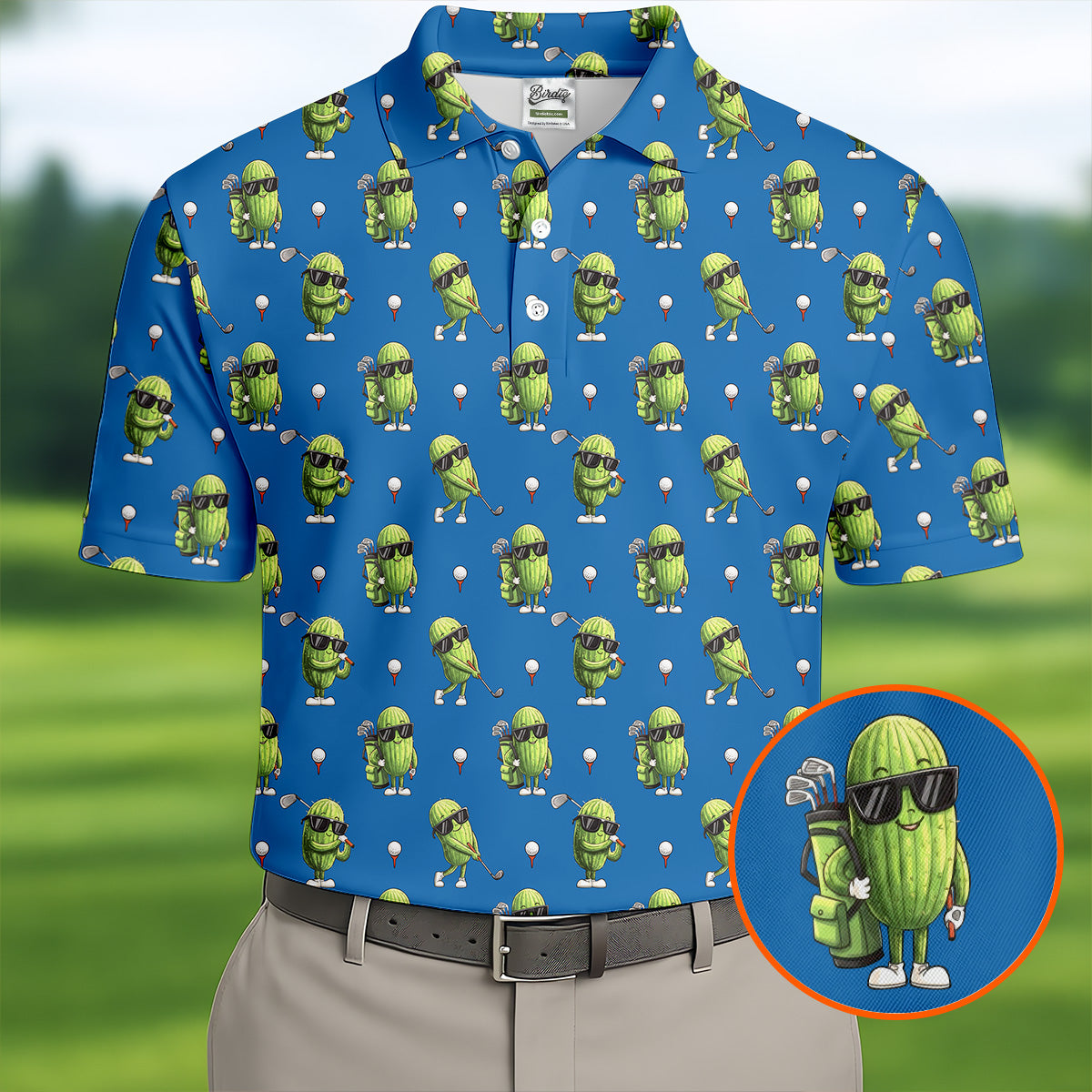Cartoon Cactus Golfer Blue Golf Shirt, Mens Golf Polo, Golf Apparel For Men, Printed Golf Shirts