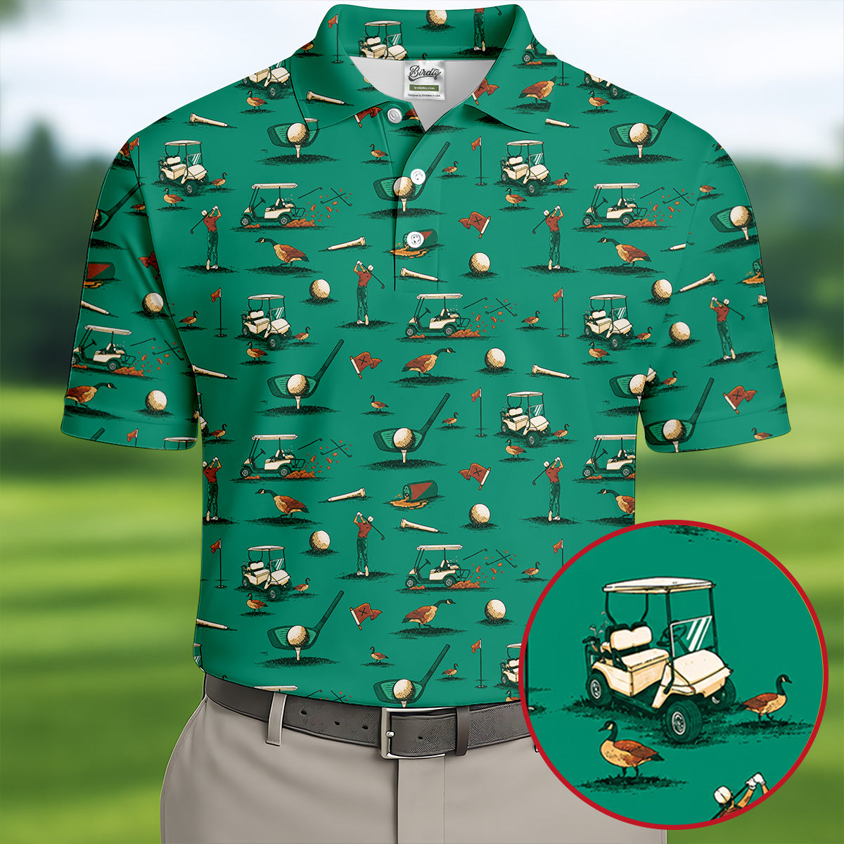 Funny Goose Golf Cart Pattern Green Polo Shirt, Men's Golf Shirt, Mens Golf Apparel