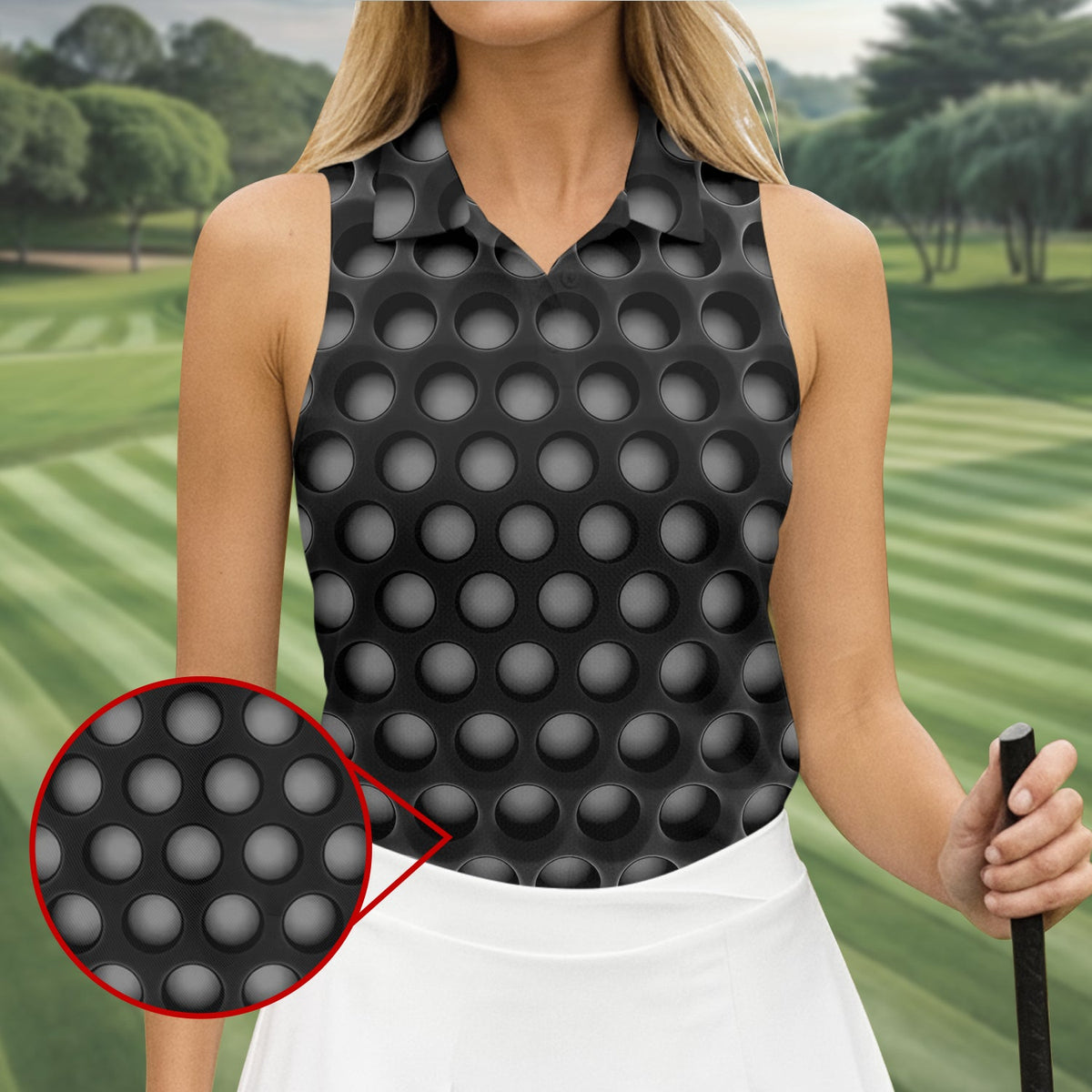 3D Effect Circular Pattern Black Golf Shirt, Cool Golf Outfit, Women Golf Top, Ladies Golf Shirts