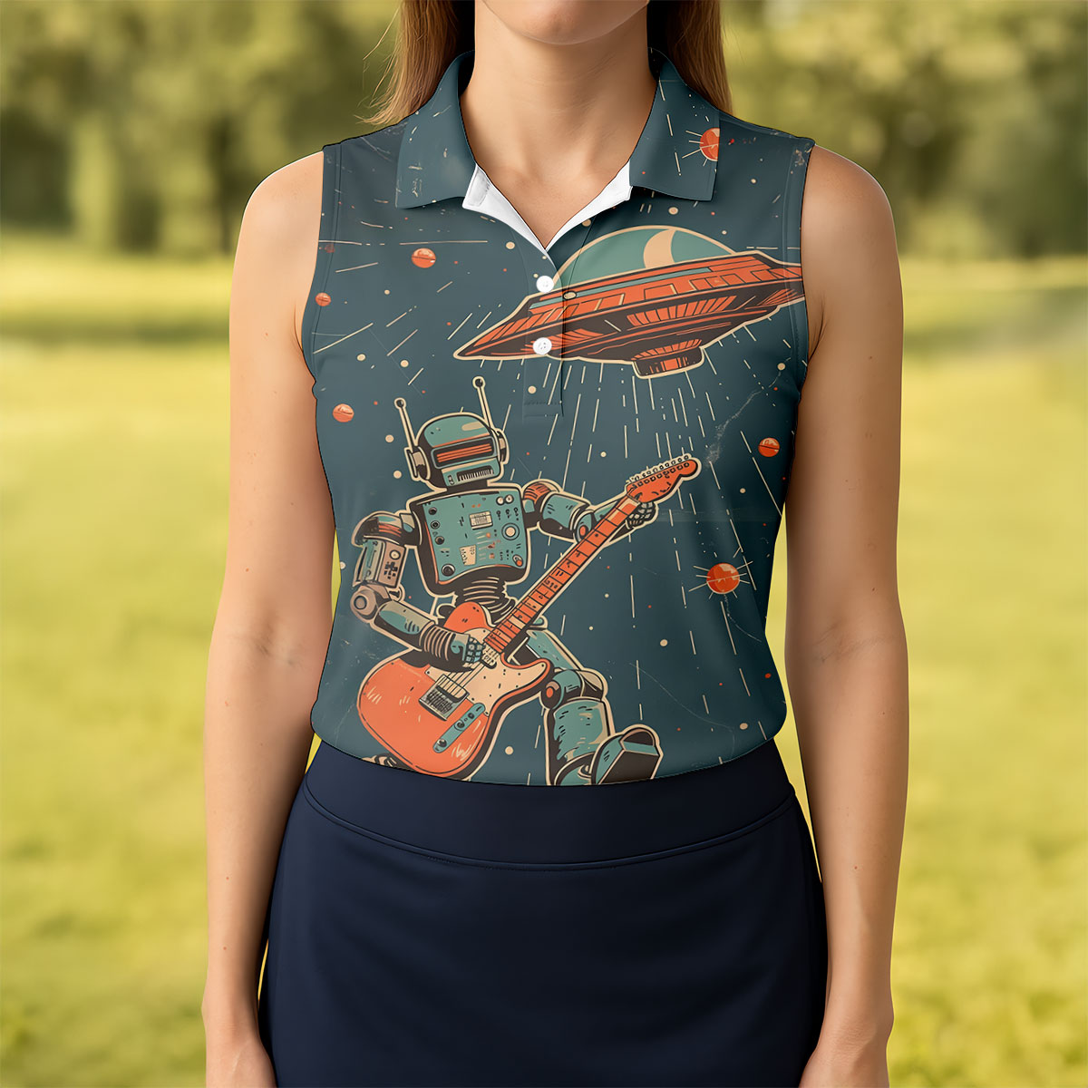 Robot UFO Sleeveless Golf Shirt, Cute Golf Outfit, Women's Golf Shirt, Golf Polo For Women