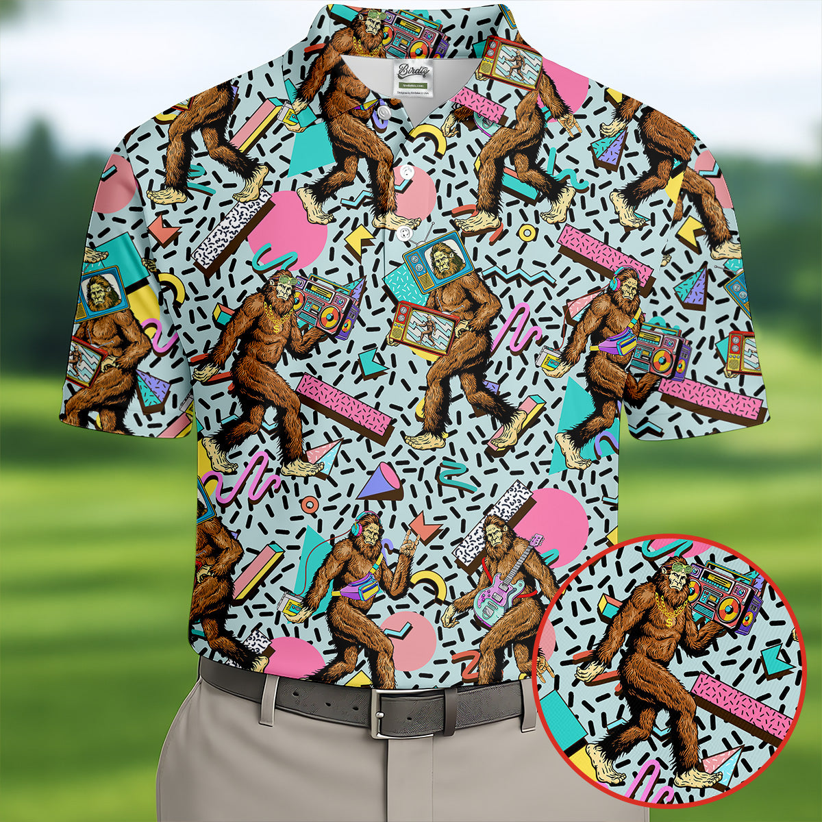Bigfoot Pop Culture Pattern with Retro TV Sets Design Design Hawaiian Golf Polo, Golf Tops For Men, Golfing Apparel