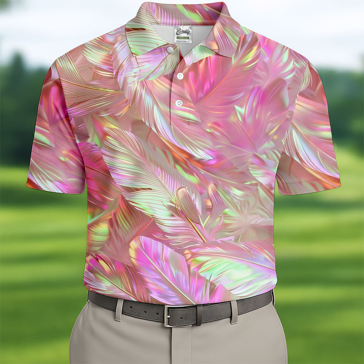 Pastel Gradient Feather Hawaiian Golf Shirt, Golf Tops For Men, Golf Shirts For Men