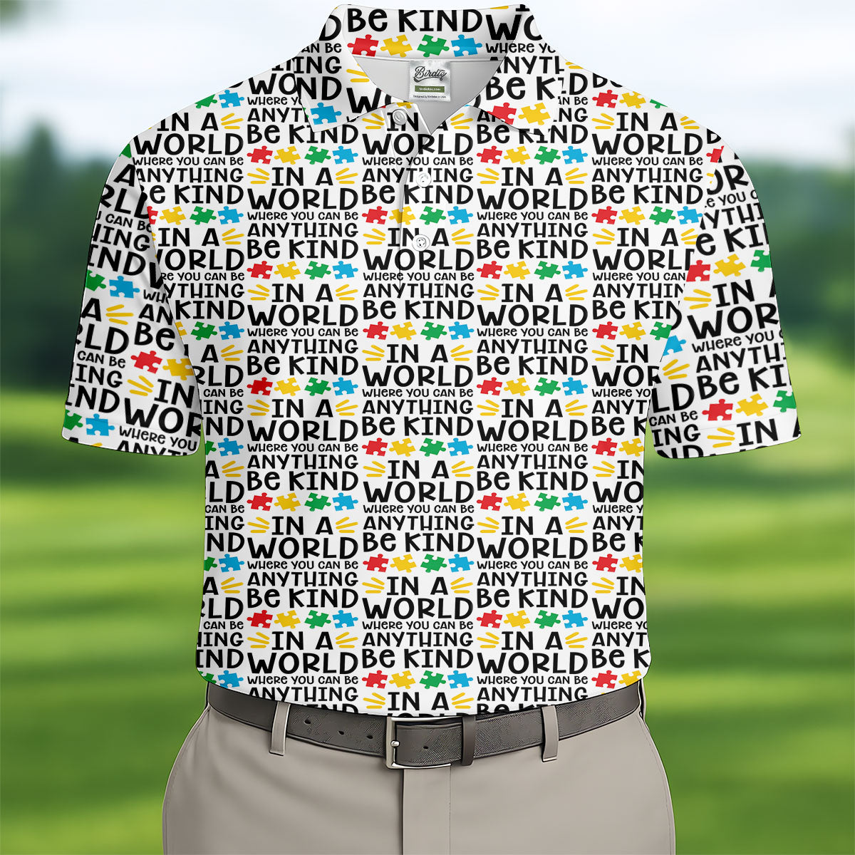 In A World Where You Can Be Anything Be Kind Autism Awareness Puzzle Pattern White Golf Shirt, Polo Shirts For Men
