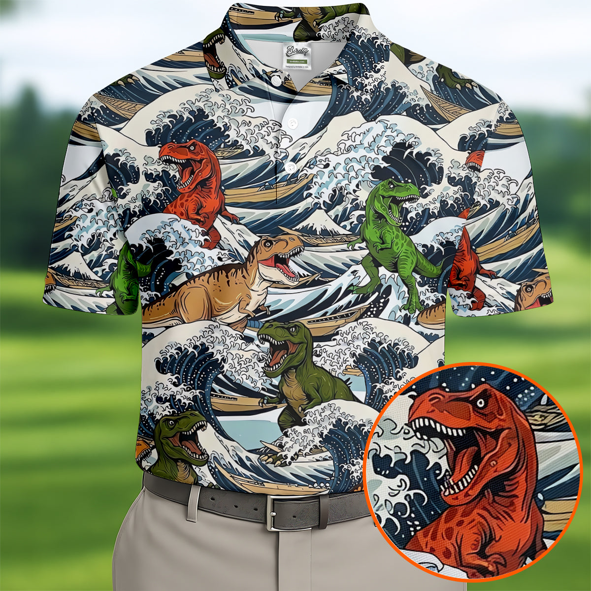 T Rex Surfing Great Wave Golf Polo Shirt, Men's Golf Shirt, Printed Golf Shirts