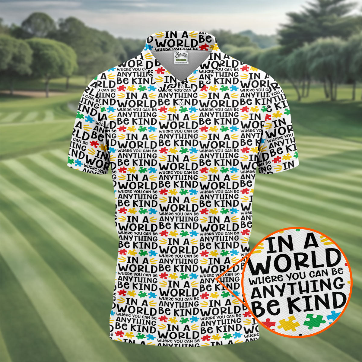 In A World Where You Can Be Anything Be Kind Autism Awareness Puzzle Pattern White Golf Shirt, Polo Shirts For Men