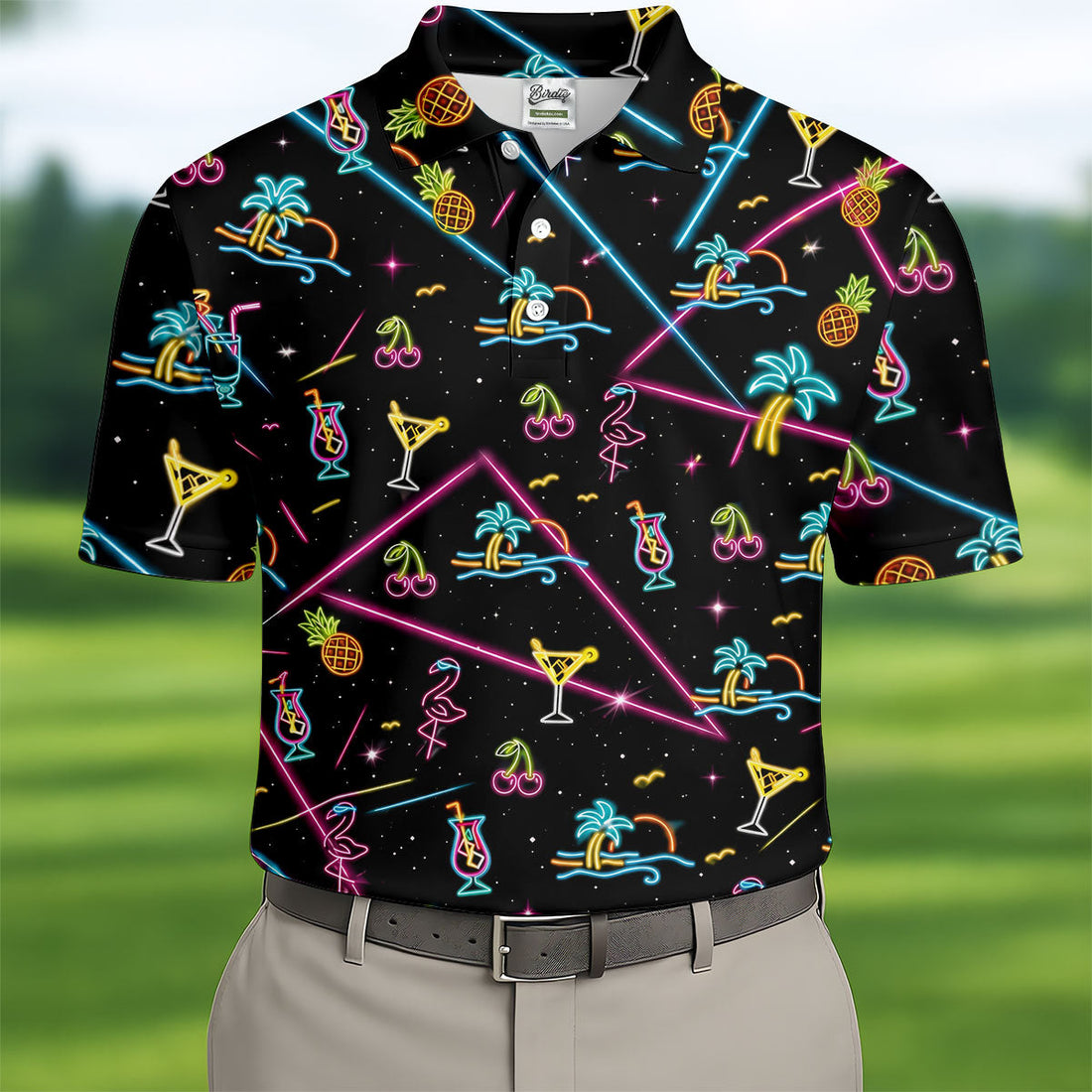 Tropical Flamingo Neon Line Hawaiian Golf Shirt, Men's Golf Shirt, Polo Shirts For Men