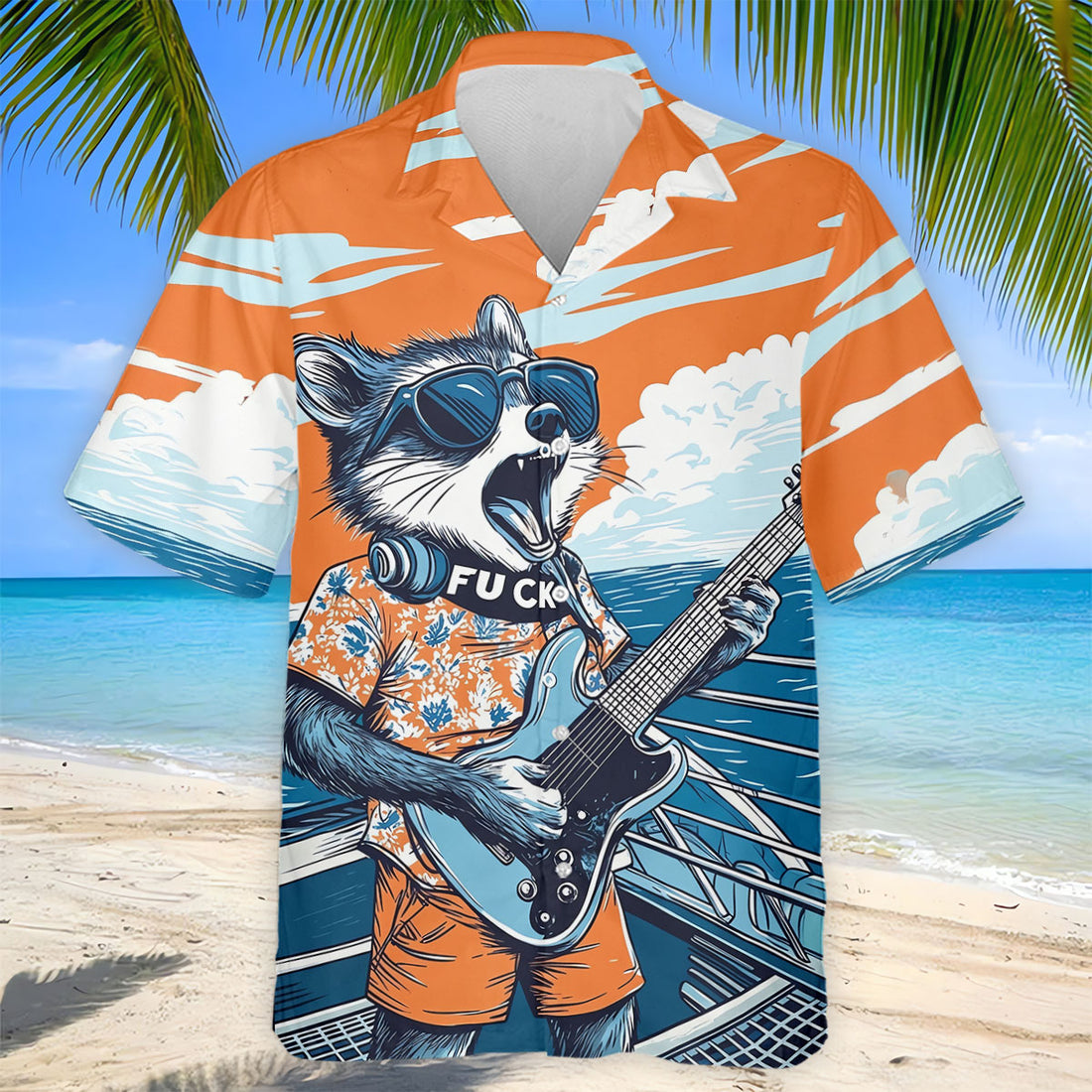 Rockstar Raccoon Ocean Vibes Hawaiian Golf Shirt, Men's Golf Shirt, Polo Shirts For Men