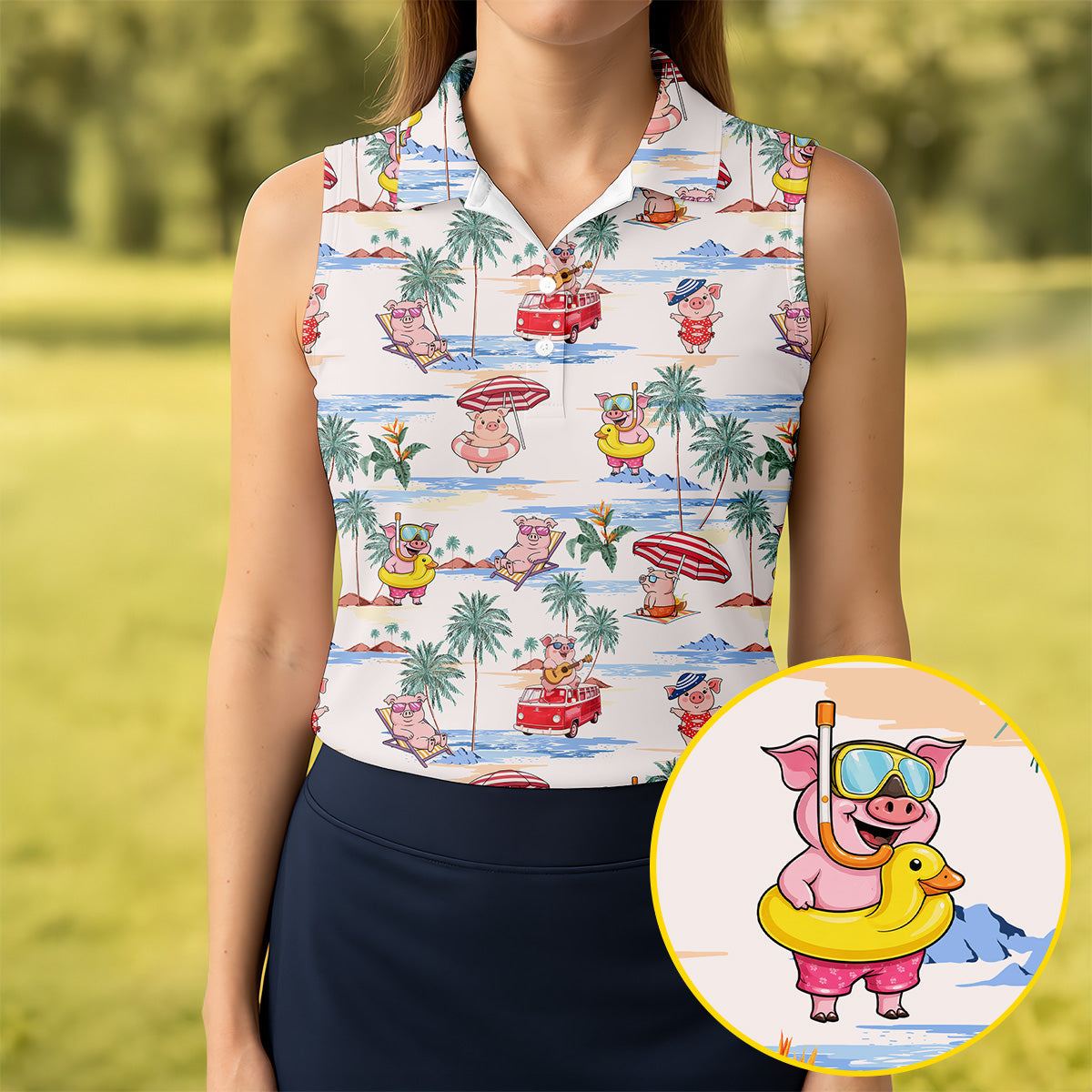 Cute Pig Beach Adventure Hawaiian Golf Polo, Golf Tops For Women, Golfing Apparel
