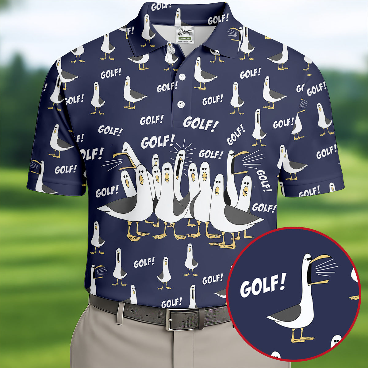 Funny Seagull Halloween Golf Shirt, Cartoon Bird Pattern, Mens Golf Apparel, Hawaiian Golf Shirt
