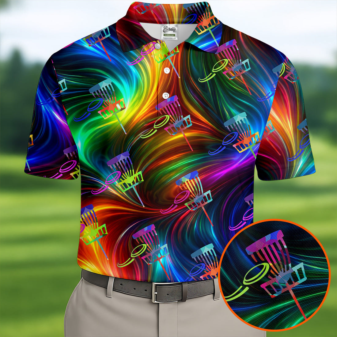 Colorful Disc Golf Basket Swirl Pattern Polo Shirt, Printed Golf Shirts, Hawaiian Golf Shirt, Mens Golf Apparel