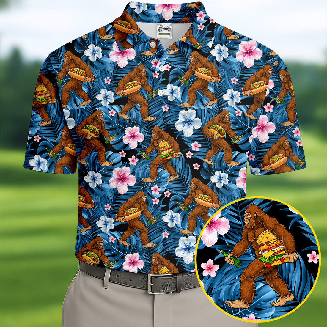 Tropical Bigfoot Burger Party Pattern Hawaiian Golf Polo, Golf Tops For Men, Golfing Apparel