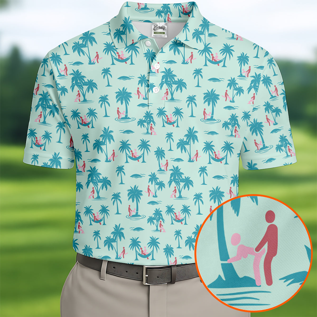 Funny Tropical Couple Beach Pattern Men's Golf Shirt, Hawaiian Golf Shirt, Golf Apparel For Men