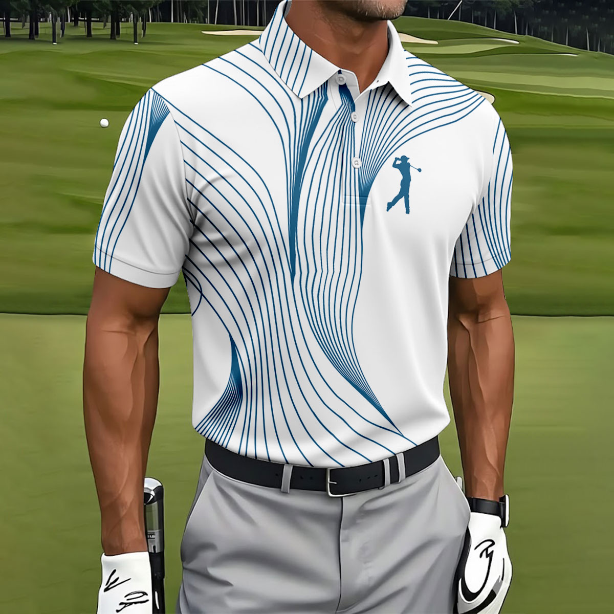 Geometric Line Wavy Line Blue And White Golf Shirts For Men, Men's Golf Shirt, Polo Shirts For Men