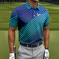 Teal And Purple Striped Pattern Golf Tops For Men, Performance Golf Shirt, Polo Shirts For Men