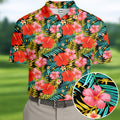 Red Hibicus Gold Palm Leaf Hawaiian Golf Shirt, Summer Theme Golf Shirts For Men