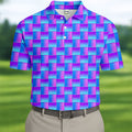 Purple Blue Gradient Checkered Pattern Golf Shirt, Mens Golf Polo, Printed Golf Shirts, Golf Polo Shirts For Men