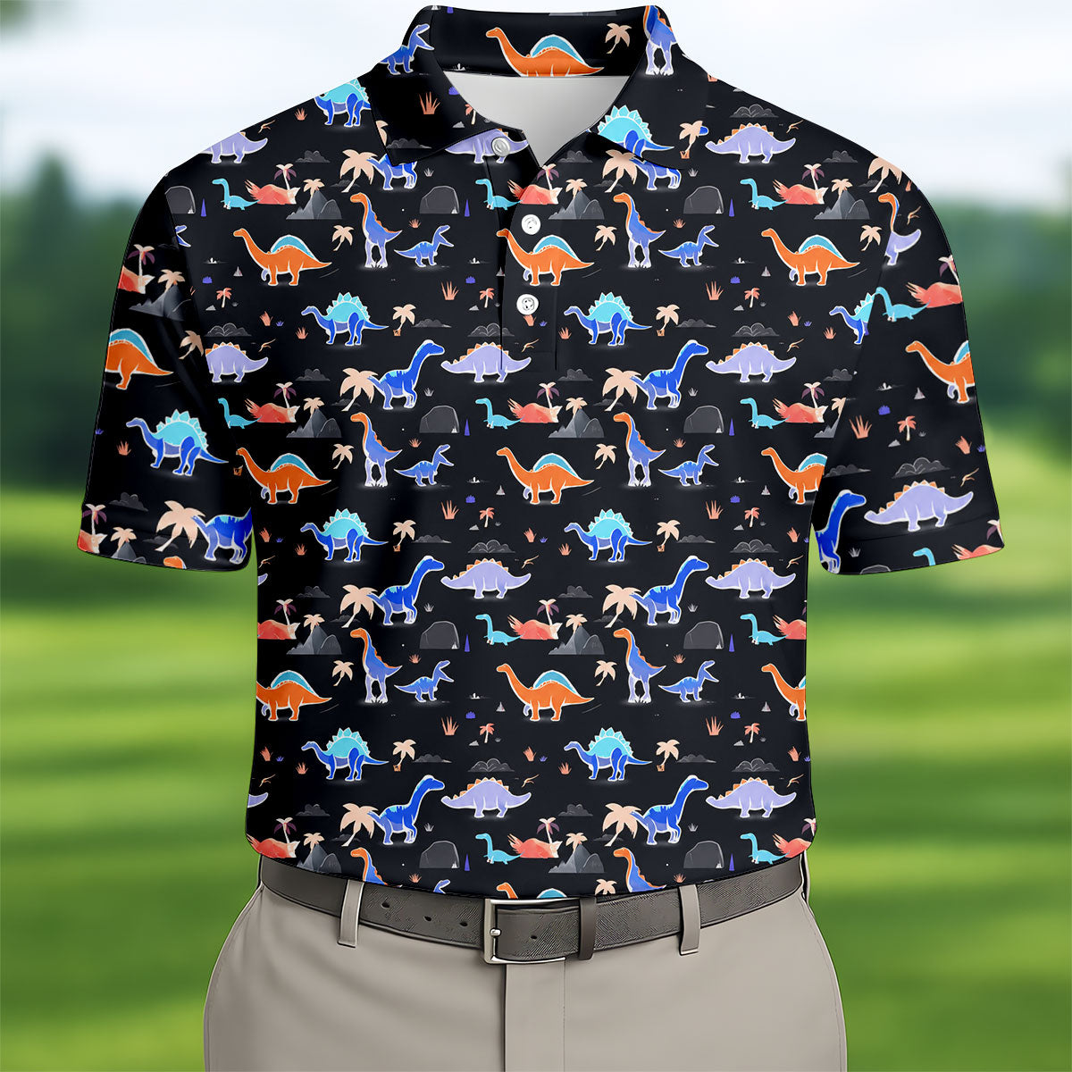 Colorful Dinosaur Hawaiian Golf Shirt, Cute Golf Outfit, Men's Golf Shirt, Polo Shirts For Men