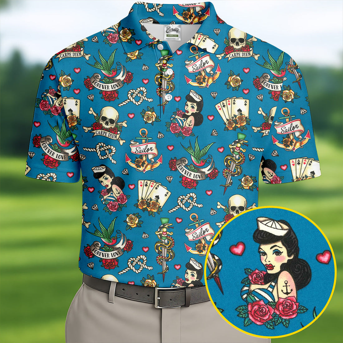 Tattoo Blue Sailor Tattoo Flash Pattern Hawaiian Golf Shirt, Men's Golf Shirt, Polo Shirts For Men