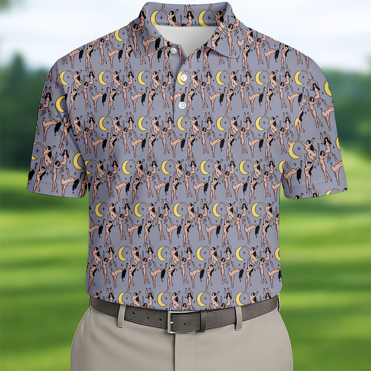 Dancing Figures Moon And Stars Pattern Polo Shirt, Mens Golf Shirts, Golf Apparel For Men