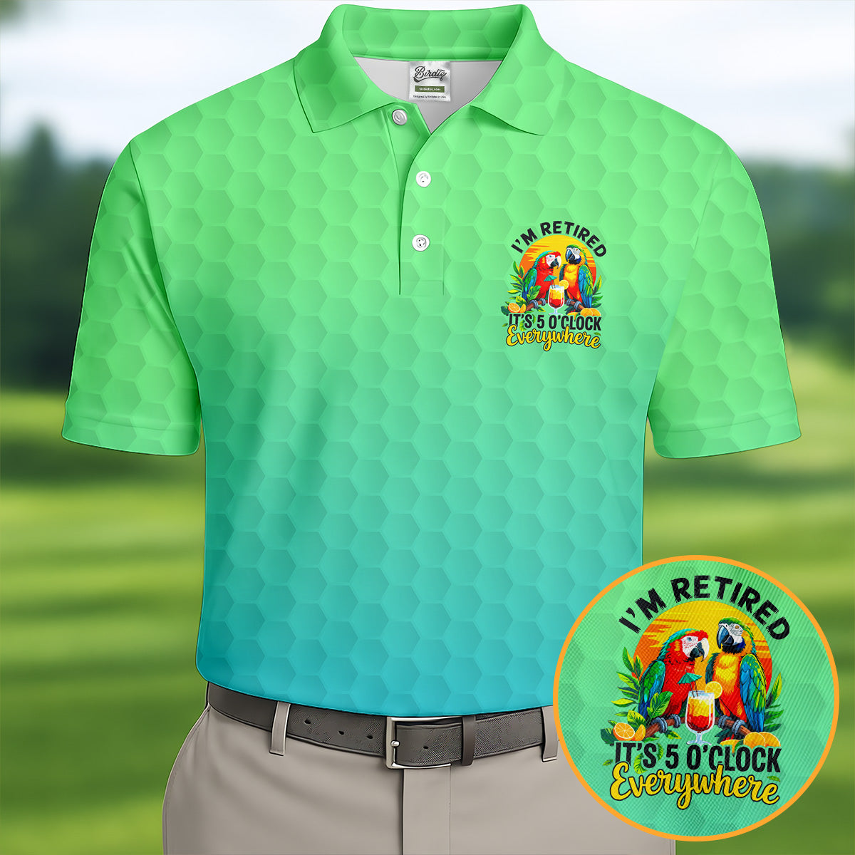 Tropical Retired Parrot Cocktail Golf Polo Shirt, Golf Shirts For Men, Printed Golf Shirts