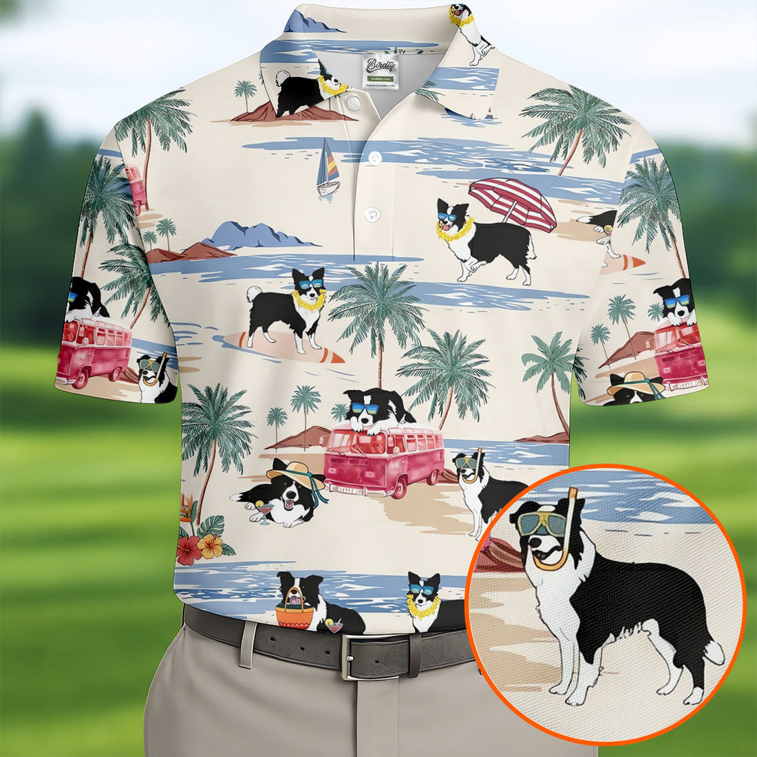 Tropical Border Collie Beach Hawaiian Golf Polo Shirt, Golf Polo Shirts For Men, Mens Polo Shirts