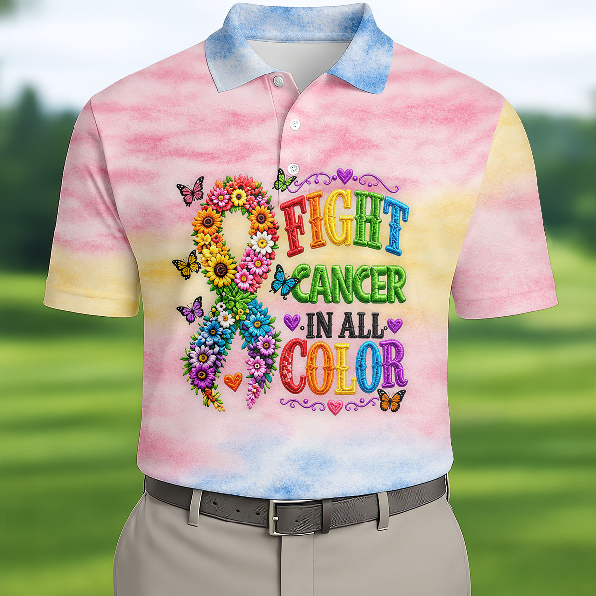 Fight Cancer In All Color Floral Ribbon Polo Shirt, Mens Golf Polo, Printed Golf Shirts