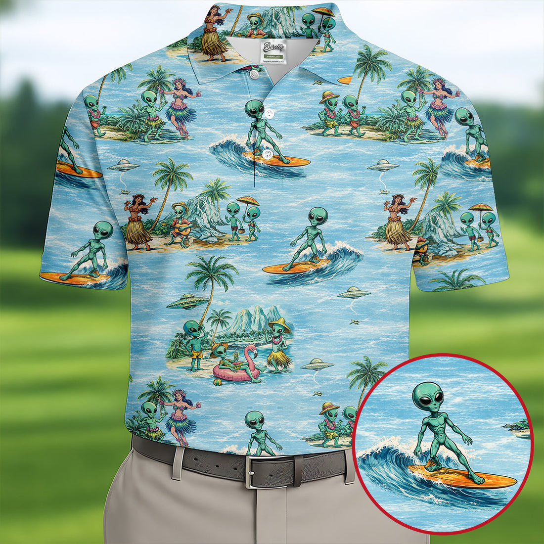 Green Alien Riding Waves on Tropical Island Beach Hawaiian Golf Polo, Golf Tops For Men, Golfing Apparel