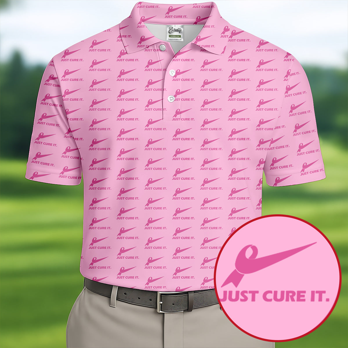Just Cure It Pink Ribbon Breast Cancer Golf Shirt, Mens Golf Polo, Printed Golf Shirts