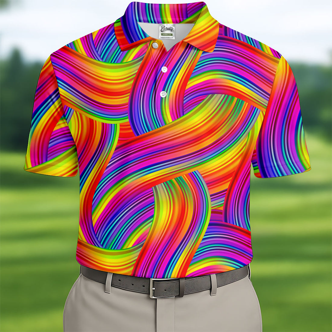 Rainbow Waves Hawaiian Golf Shirt, Vivid Color Men's Golf Shirt, Polo Shirts For Men